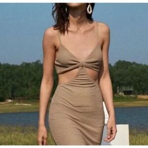 Amable Cutout Serita Ribbed Dress Bodycon Mini in Tan M